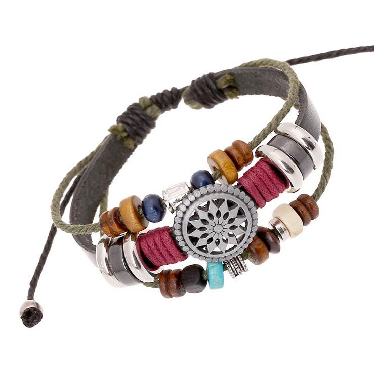 Fashion Charm Bracelets Handmade Brand Charm For Men Multilayer Infinity Wood Beads Wide Black Leather Bracelets Jewelry