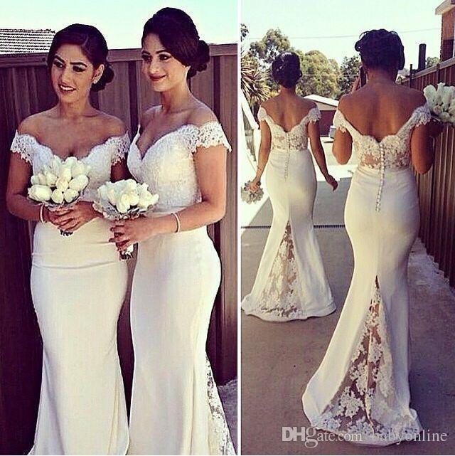 

2021 Cheap Long Formal Dresses for Women Lace Off Shoulder Mermaid Sweep Train Bridesmaid Dresses Covered Button Back, White;pink