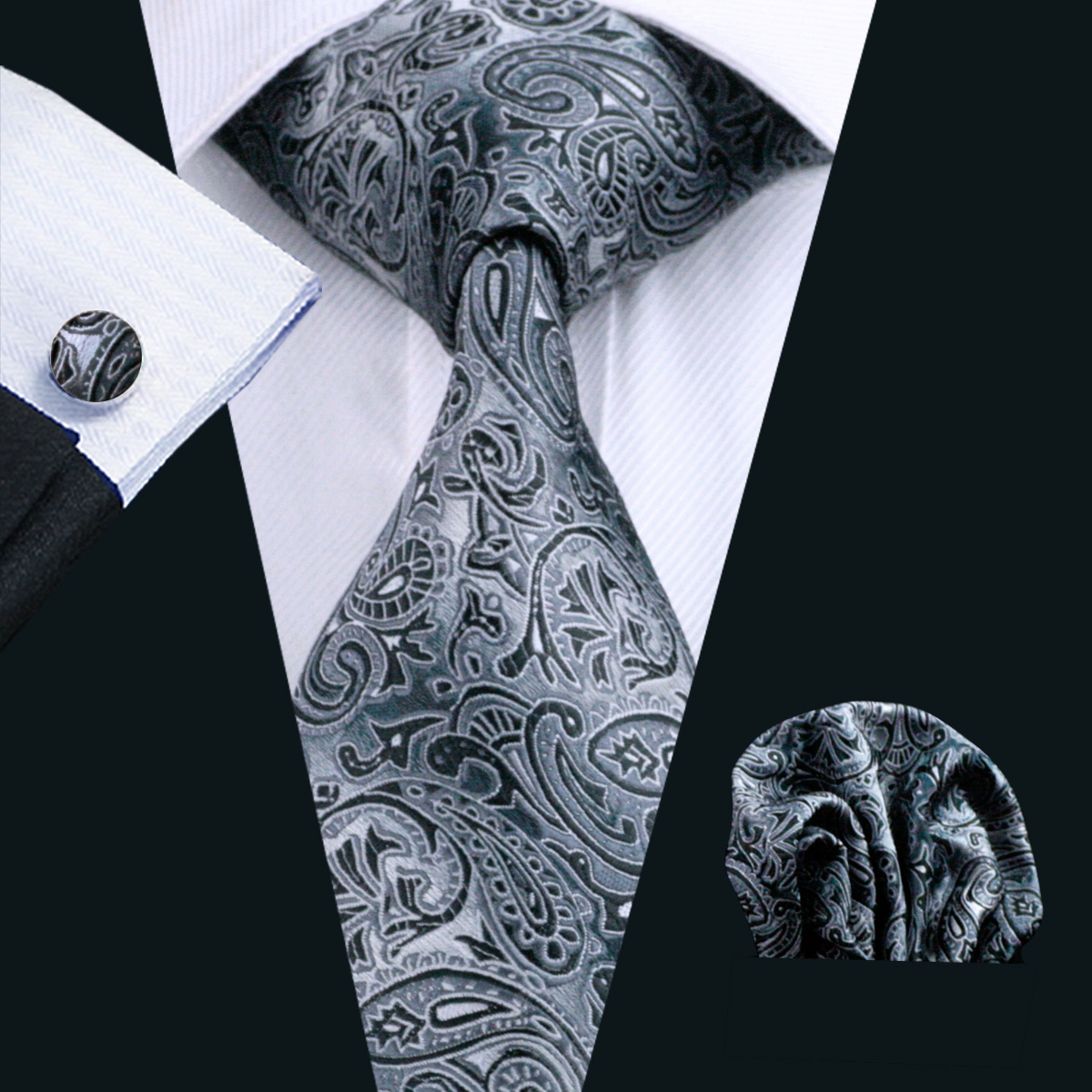 

Fast Shipping Mens Ties Black Paisley Silk Tie Hanky Cufflinks Set Jacquard Woven Business Fashion Accessories Neck Tie Set Formal N-0209, Black;blue