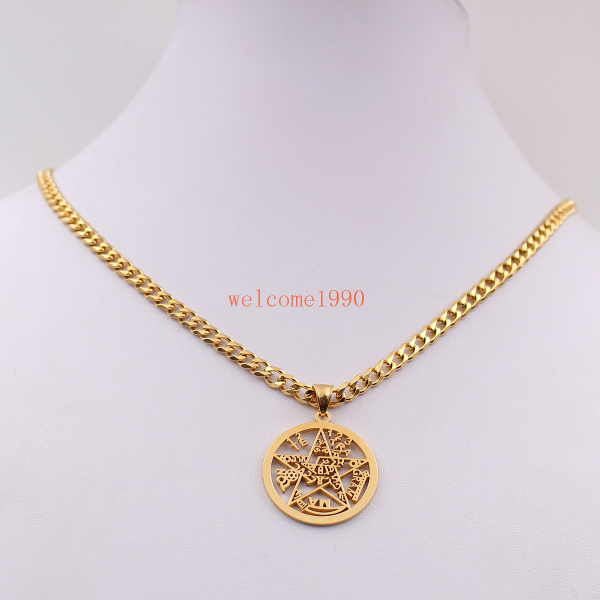 

Mens Gold color Stainless Steel Large 32mm Geometric Religious geometric JEWISH pentagram Wicca Pendant necklace curb chain 5mm 18''-32''