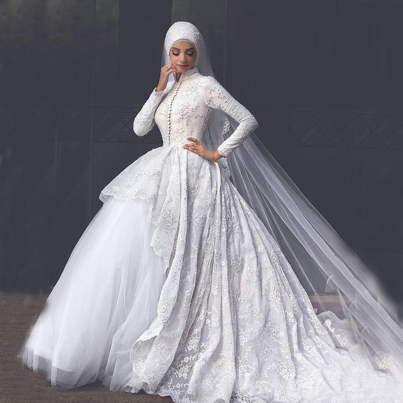 

Modest High Neck Long Sleeves Muslim Wedding Dresses Ball Gown Beaded Lace Bridal Gowns with Court Train Custom Made Plus Size, Champagne