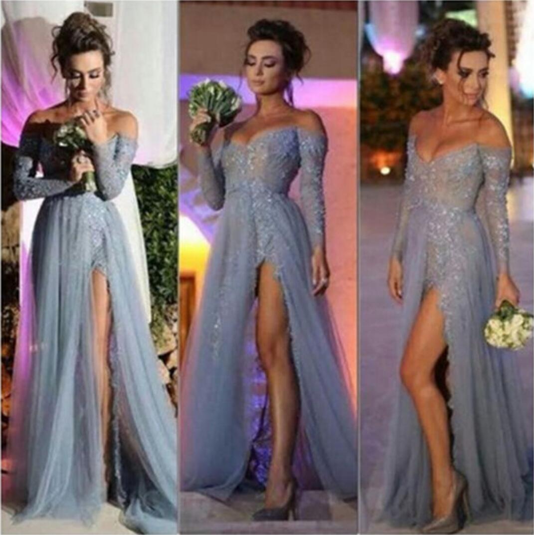 

Elegant Long Off The Shoulder V-Neck Side Slit Sexy Popular Prom Dresses Evening Occasion Dress PD2803, Light purple