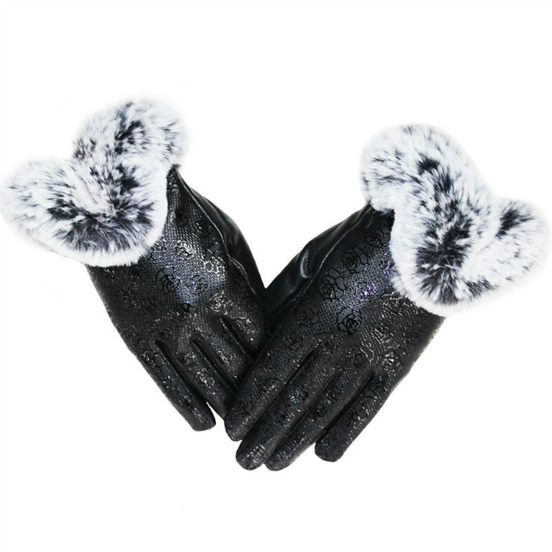 Le Donne morbido PU pelle pelliccia pom Guanti da polso guida Inverno Caldo Guanti di pelle pelliccia all/'interno