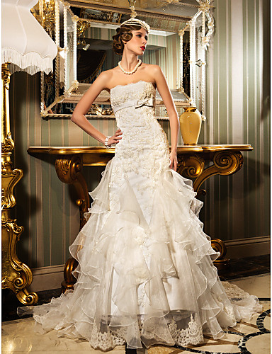 

2016 New Hot Sale Fashion Trumpet/Mermaid vory Court Train Strapless Appliques Bow Zipper Satin/Lace/Organza Elegant Wedding Dresses 231, Black