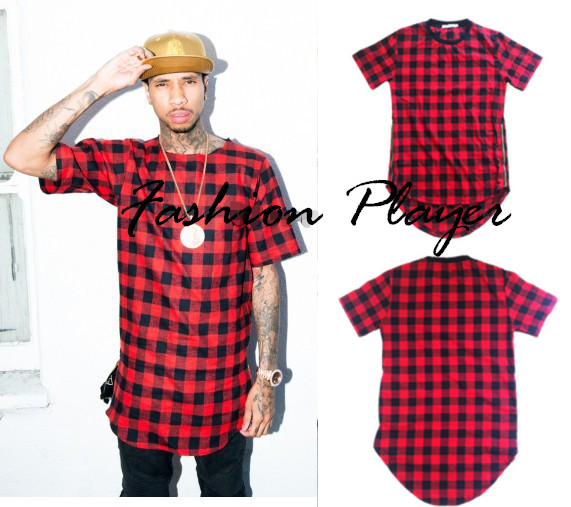 

Summer Hip Hop Red Plaids cotton flannel t shirts for men / Gold Zipper Sides Tees Lengthen Arc Hem Casual plaids Men T Shirts -3XL