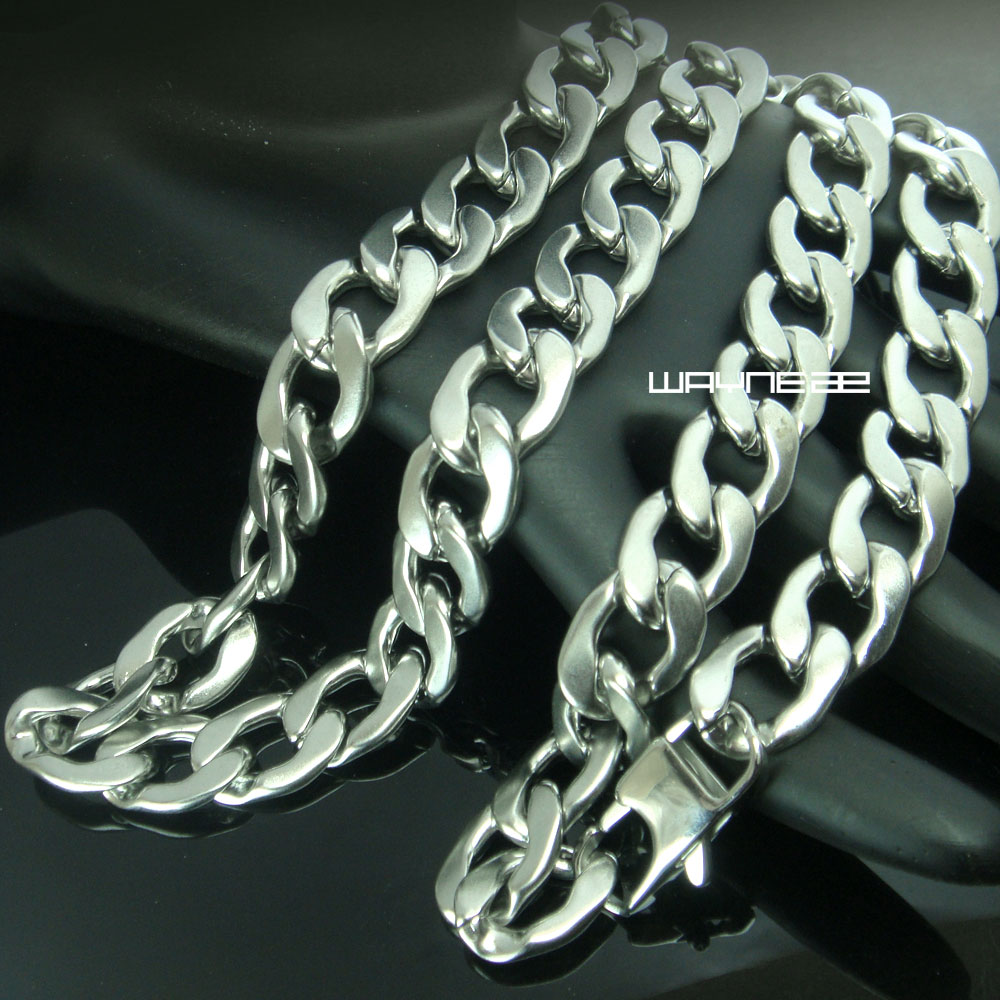 

60cm, 70cm MENS Chain Silver Tone Curb Link Stainless Steel Necklace 11mm W N294