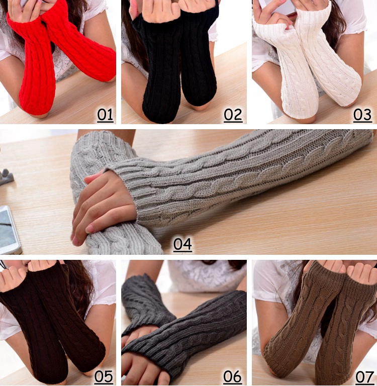 2016 Winter Women Warm Knitted Plaid gauntlet Long Gloves Half Finger Gloves Hand Wrist Fingerless Gloves Warm Cuff Arm Sleeves 7colors