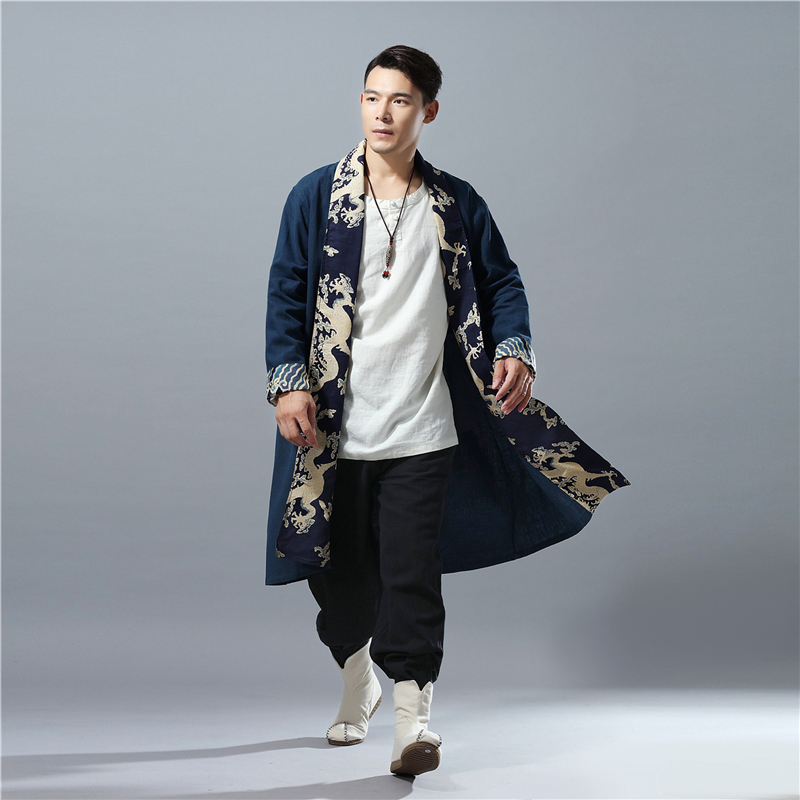 

Wholesale- LZJN Spring Autumn Mens Trench Coat Hit Color Dragon Casual Capes Flax Cardigan Windbreaker Long Coat Tranchee Manteau Hommes, Black