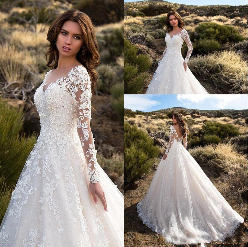 

2018 Newest Gorgeous Ivory Sheer Long Sleeves Wedding Gowns Lace Tulle Sexy Backless Bridal Dress Robe De Mariage Fall Winter, Same as image