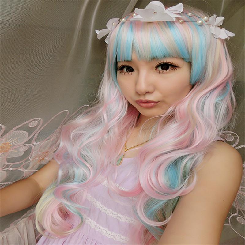 

WoodFestival Lolita Wig Pink Blue Mixed Beige Ombre Wigs Long Curly Wavy Full Bangs Party Halloween Cosplay, Mix color