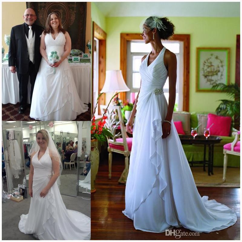 

2019 Summer Beach Wedding Dresses Plus Size A Line Halter Chiffon Wedding Dresses Bridal Gowns Cheap Ruched plus size, Ivory