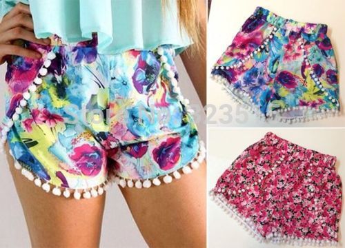 FG1511 Promotion 2015 New Pom High Waisted Tassel Festival Tribal Print Beach Casual Gym Shorts S M L Free Shipping