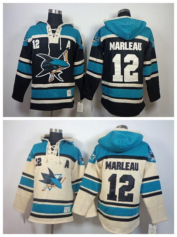 

2016, Old Time San Jose Sharks Hockey Hoodies #12 Patrick Marleau Beige Black Authentic Patrick Marleau Stitched Hoodie A Patch M