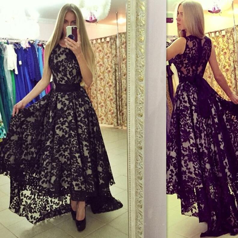 2019 Black Lace Prom Dresses High Low A line Scoop Modest Special Occasion Evening Party Gowns For Girls New Style
