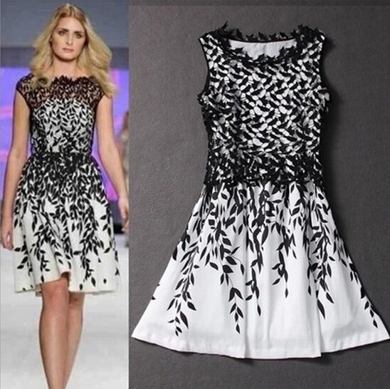 

Retail Fashion Women's Evening Dress Embroidery Lace Leaf Print dress Summer Tank Casual Dress Sleeveless for women Black White Dress