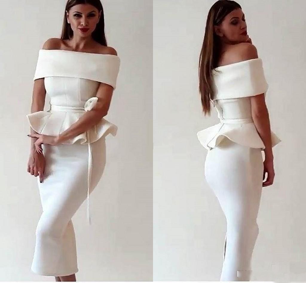 2019 arabe Dubaï Femmes à l'épaule Blanc Satiné Satin Sirène Cocktail Robe De Cocktail Robe Thé Longueur Dos Fension Soirée Type Robes De Jeuness