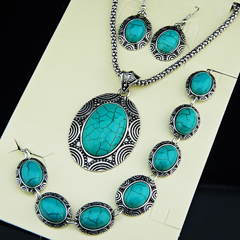 

Female Pendant New Arrival 3pcs Vintage Antique Silver Turquoise Oval Earrings Bracelet Necklace Women Jewelry Set Party Gift Mother's A671, Light green