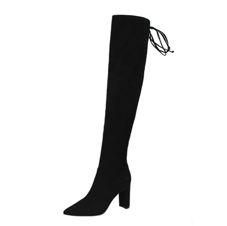 

Women Faux Suede Thigh High Boots Fashion Over the Knee Boot Stretch Flock Sexy Overknee High Heels Woman Shoes Black Red Gray