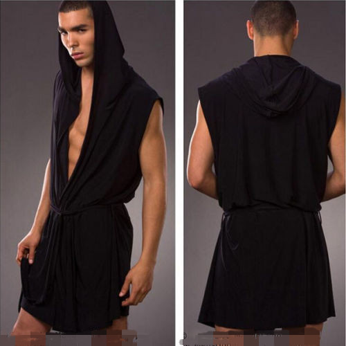 

Summer Sexy 2 in 1Hooded Kimono Robe For Man Ice Silk Sleeveless Pajamas Bathrobe Yoga Wear Free Shipping, Black;brown