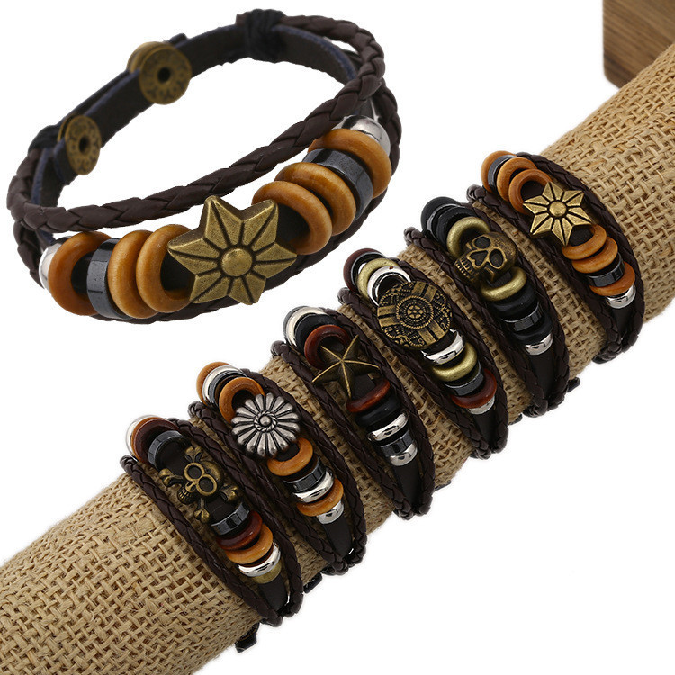 

12Pcs/Lot Retro Men Handmade Various Charm Genuine Leather Adjustable Bracelet Wristband Jewelry Unisex Men Women Free Shipping