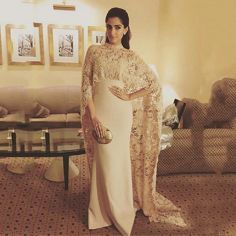 

Fabulous Lace Stretch Satin High Collar Sheath Evening Dresses Long Lace Cape Prom Party Dresses Evening Gowns, Dark navy