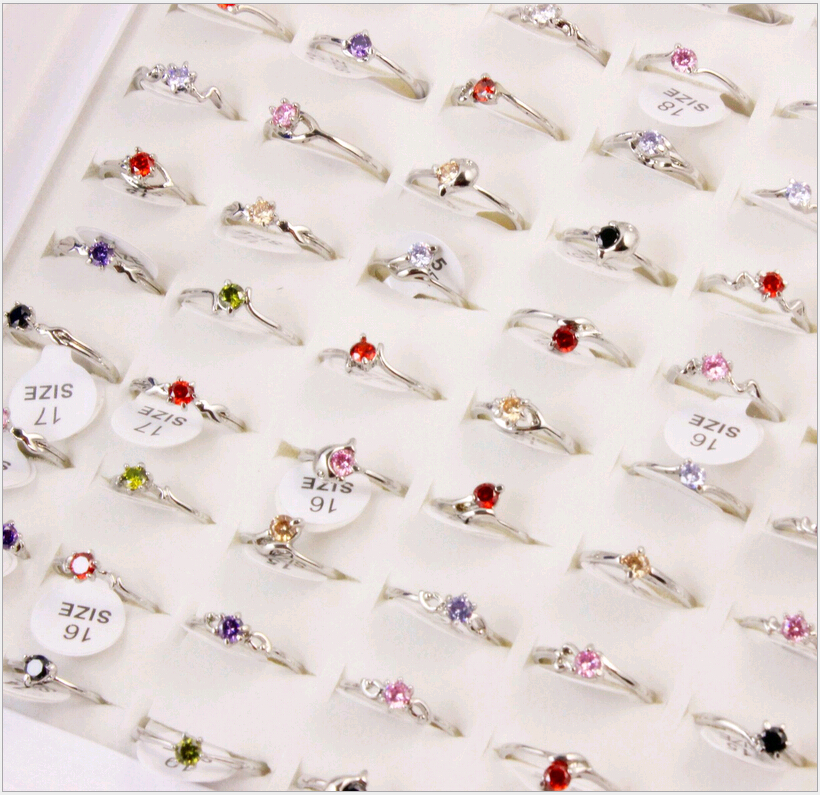 

Brand New Fashion Korean Jewelry Zircon Solitaire Rings Rhodium Plated Multi Styles Mix Size Charms Ring good sale 10pcs