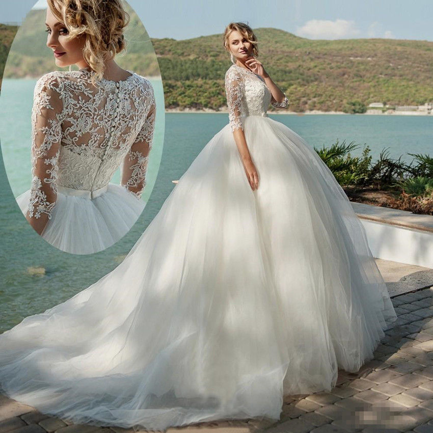 

Modest Wedding Dresses With Sleeve Vintage Ball Gown Beach Wedding Dresses Sheer Neck Lace Bridal Gowns Elegant Wedding Dresses From China, White