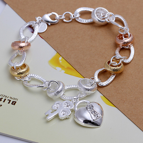 

925 silver Hanging dichroic insets heart lock,flower spoon bracelet DFMCH233, fashion sterling silver plated Chain link bracelets high grade