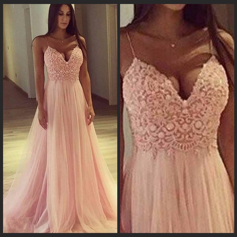 

Sexy Straps Spaghetti Pink Tulle Long Evening Dresses A Line Lace Top Long Prom Gowns Cheap Custom Made Vestidos De Fiesta, Brown