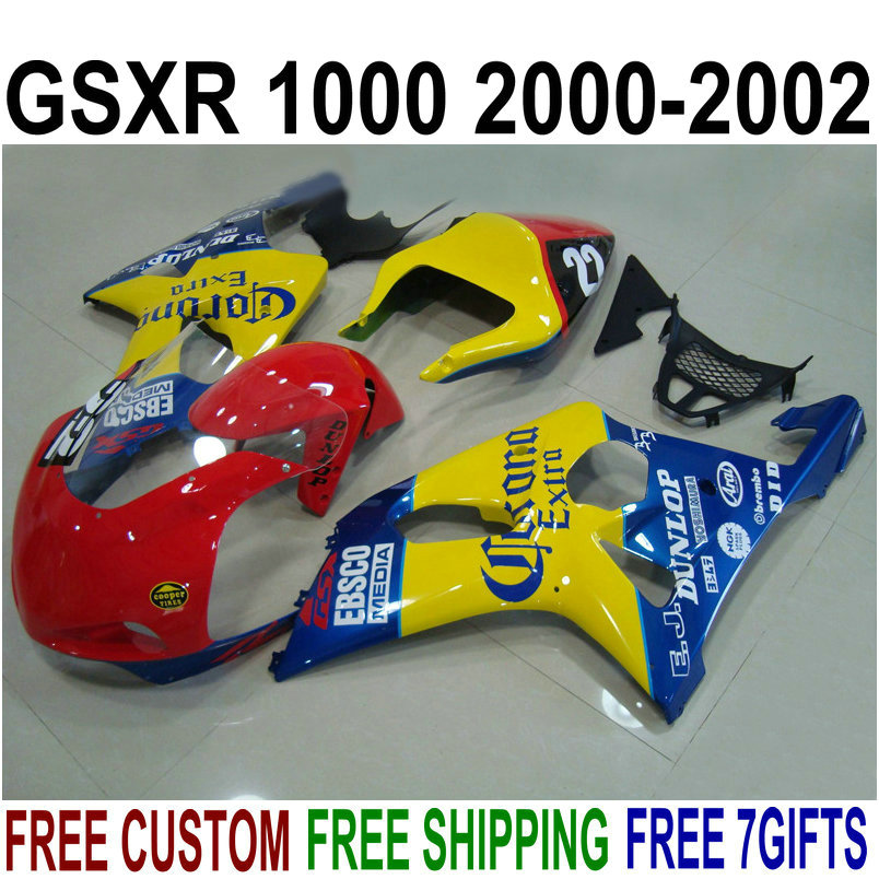 

Fairing kit for SUZUKI GSX-R1000 K2 2000 2001 2002 plastic fairings 00 01 02 GSXR 1000 yellow red blue Corona aftermarket set YR65, Same as the picture shows