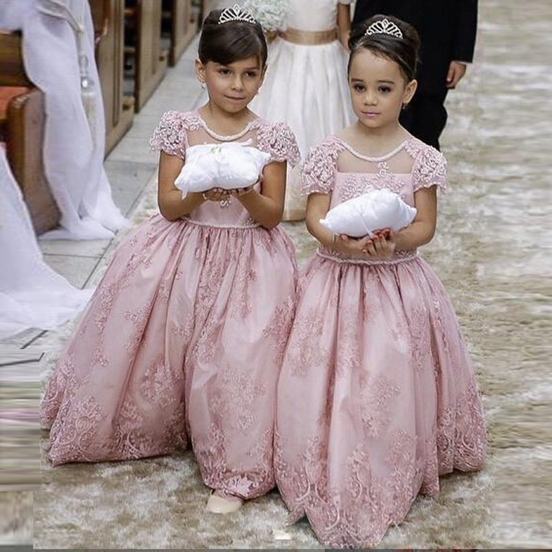 

2016 Cheap Flower Girls Dresses For Weddings Lace Beads Jewel Neck Pink Floor Length Bow Party Birthday Dress Children Girl Pageant Gowns, Ivory