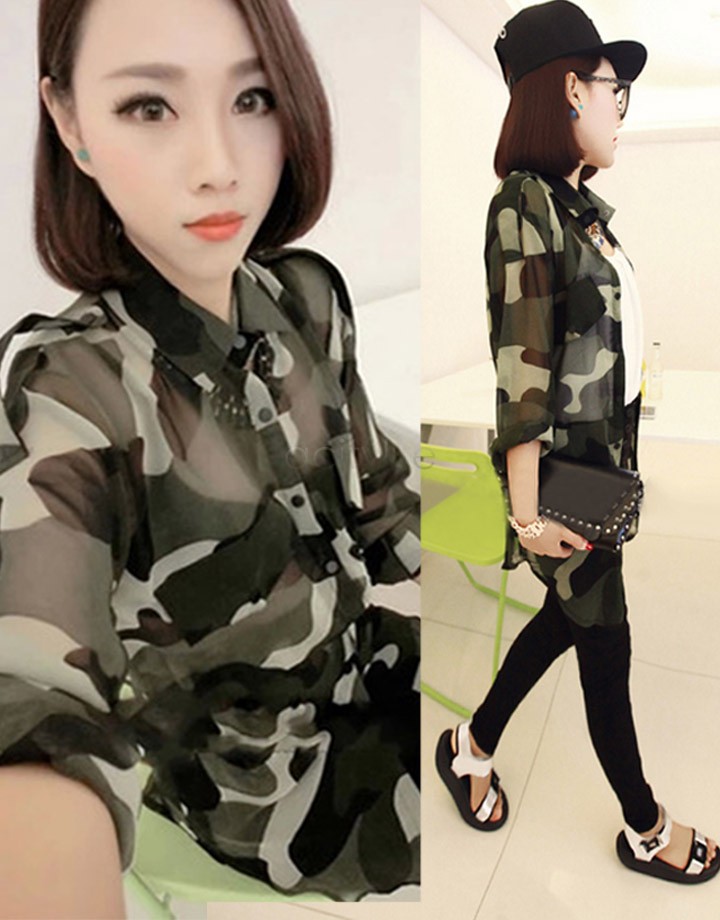 

Cool Camouflage Color Printed Shirt Women, Fashion 2015 Long Sleeve Women Ladies Casual Chiffon Blouses Tops With Belt blusas b6, Army green