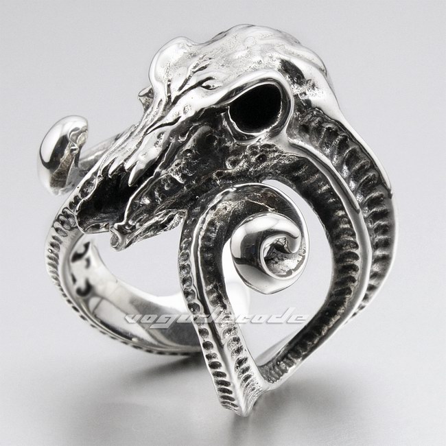 

Large Ran Skull Horn Aries 316L Stainless Steel Mens Biker Punk Ring 6R005 US Size 8 to 13