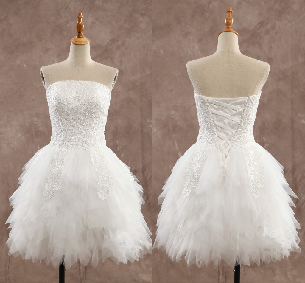 

2022 Short Wedding Dresses Cheap Appliques Knee Length Strapless Backless Little White Dress Spring Summer StyleTulle Ruffles Wedding Gowns, Gold