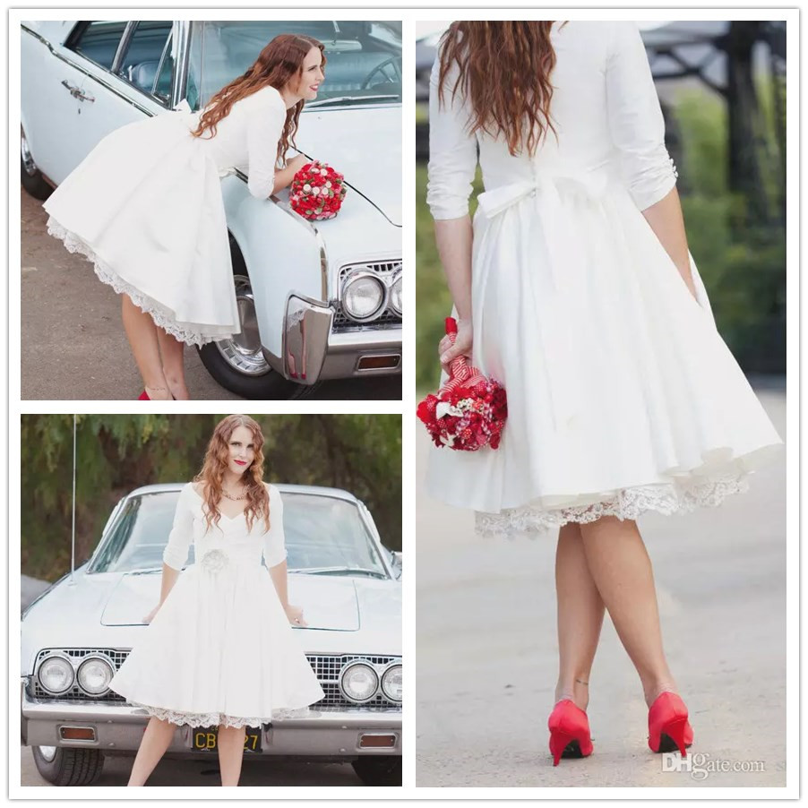 

Vintage Short Wedding Dresses Plugging Petite Knee Length Country Wedding Dresses Half Sleeve Beaded Flower Sash Bohemian Wedding Dress Robe, Champagne