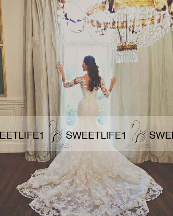 

Lace Long Sleeves Sexy Mermaid Wedding Dresses Bateau Neck Sheer Bride Gowns Tulle Appliques Beaded Bridal Gowns 2020, Black