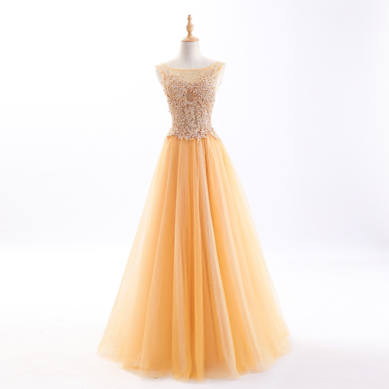 

Beautiful Sexy Illusion Evening Dress Gowns Lace Formal 2019 Real Photos Prom Dresses With Applique Beads Sheer Neck, Picture ivory