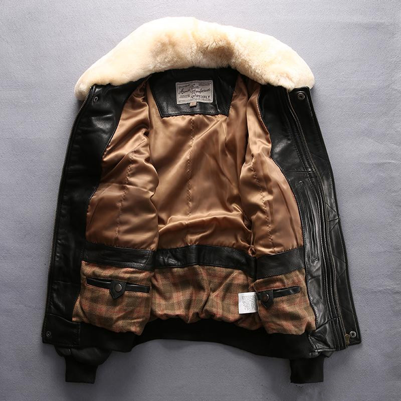 

Lamb fur collar AVIREX FLY genuine leather jackets sheepskin flight jackets 100% genuine leather, Black