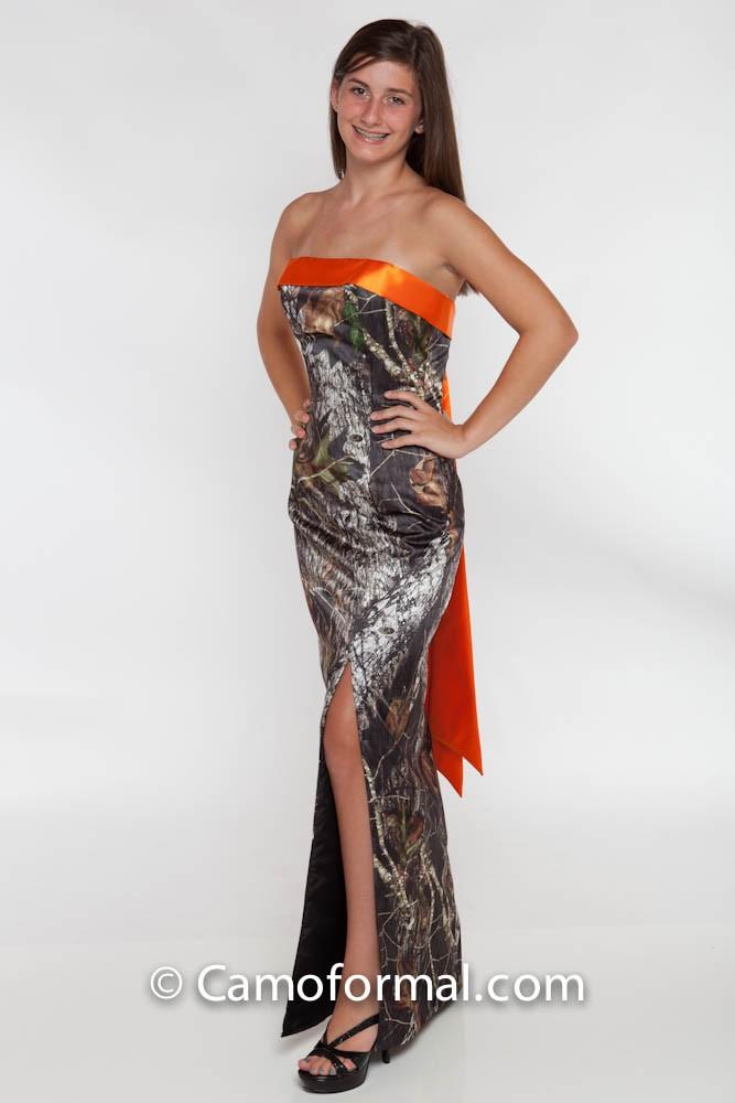 

In Stock Mossy Oak Camo Dresses Strapless Long Formal Gown With Band-Bow Sash Custom Made Side Split Prom Dresses, Same as image