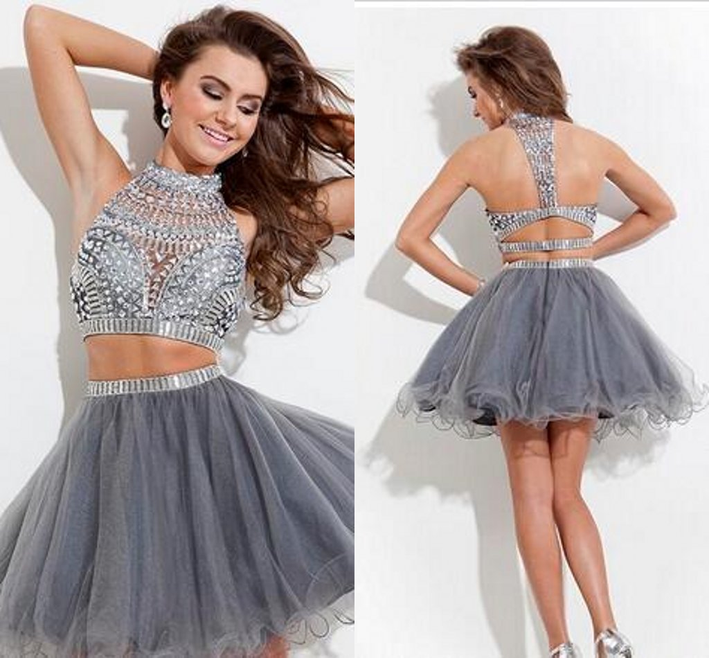 

sliver crystals two pieces cocktail prom dresses rachel allan high neck beaded hollow grey tulle aline short homecoming dress, Yellow