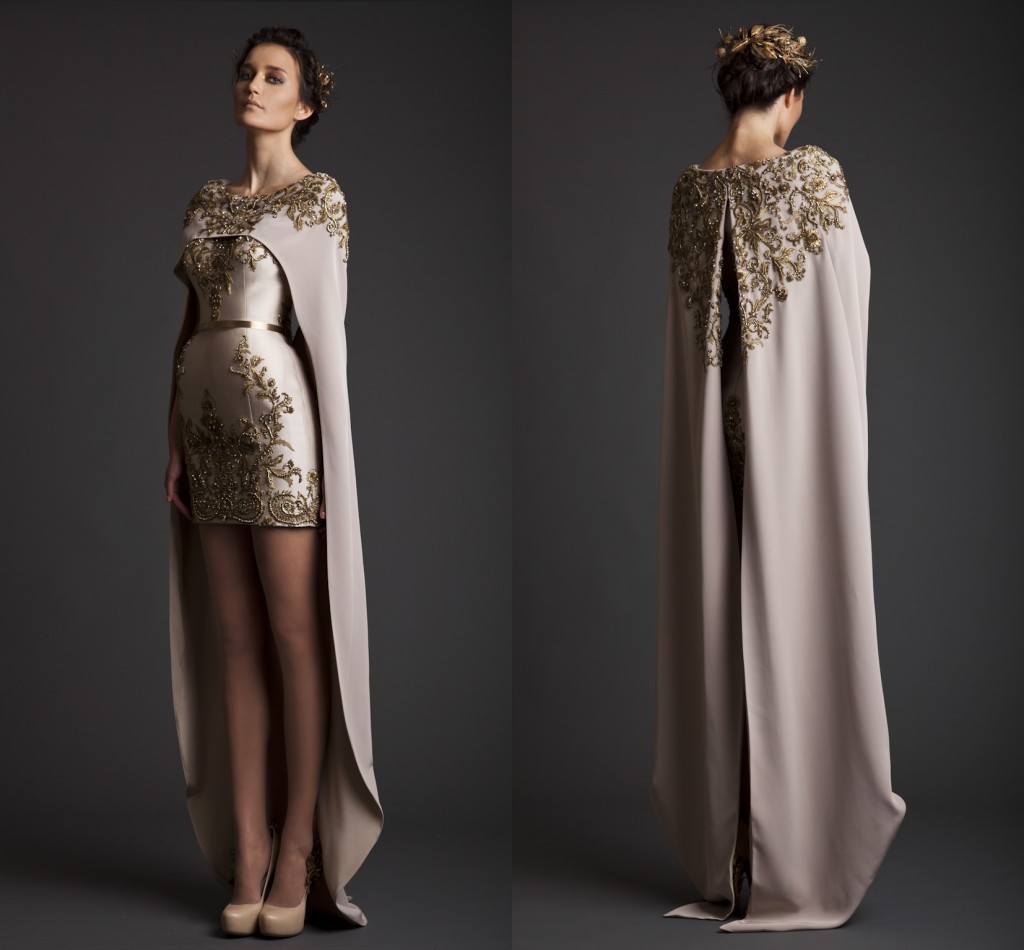 

2017 Vintage Krikor Jabotian Evening Dresses Sheath Long Separate Cape Embroidery Satin Short Champagne Prom Dresses, Same as picture