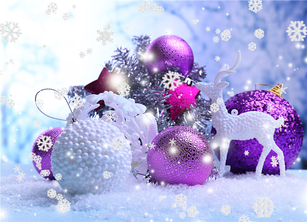 

Falling Snowflakes Pearl Elk Purple White Christmas Balls Photography Backdrops Vinyl Fabric Snow Covered Floor Winter Photo Background