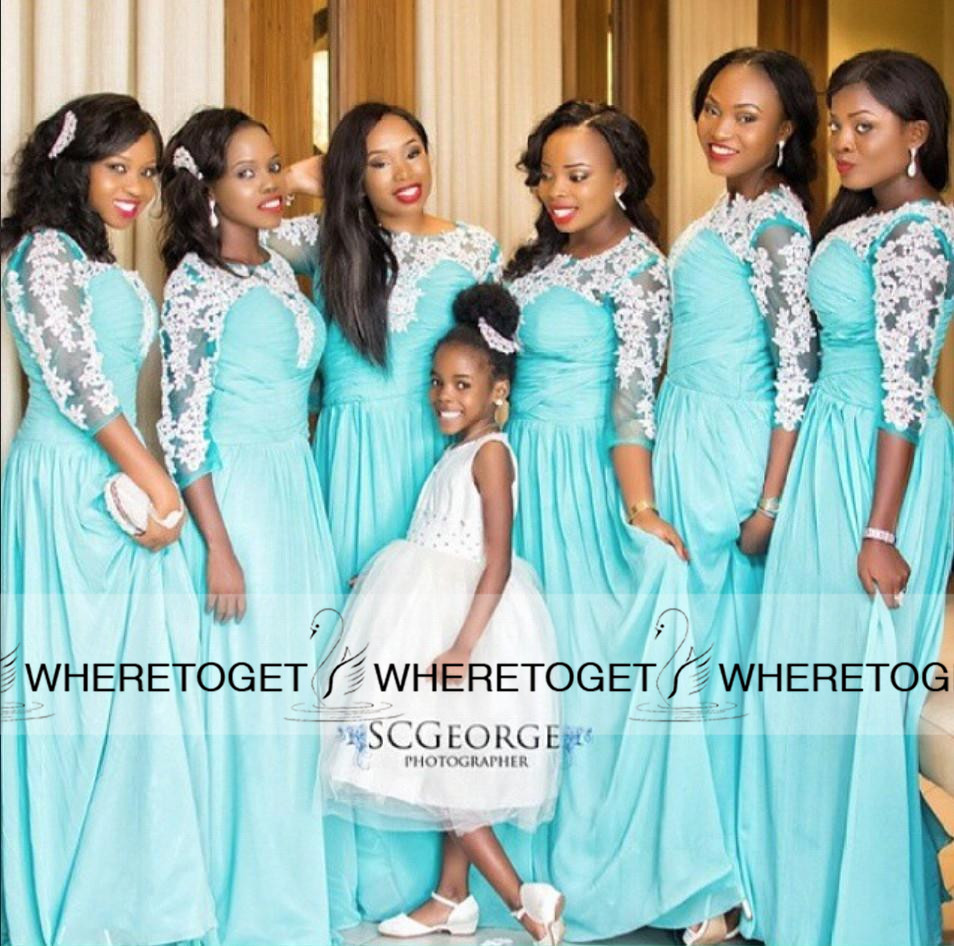 

African Bridesmaid Dresses With Long Sleeves Blue Aqua Formal Maid of Honor Gowns 2019 Chiffon Cheap Sexy Plus Size White Lace Dresses