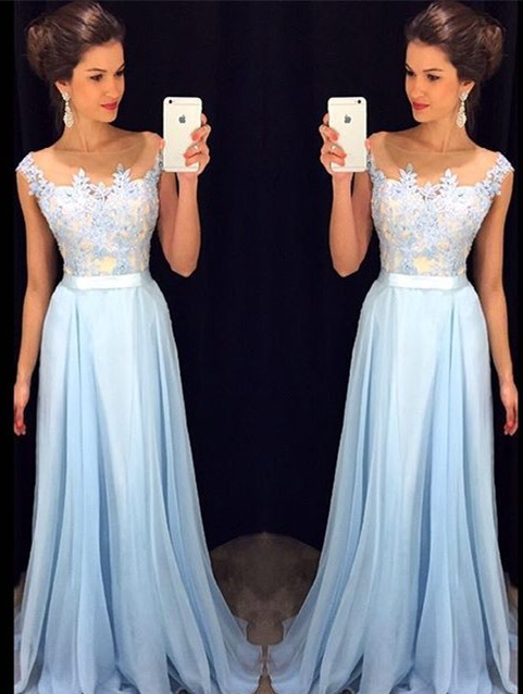 

2018 Light Sky Blue Appliques Prom Dresses Illusion Neck Capped Sleeve Chiffon Formal Party Evening Gowns Vestidos de Fiesta Plus Size, Royal blue