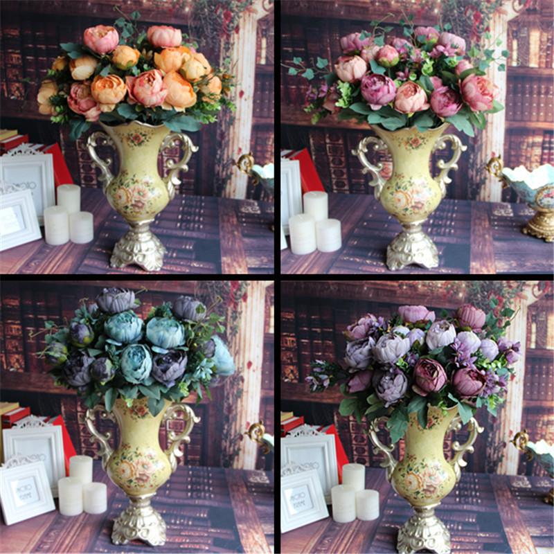 

Wholesale- Artificial Fake Peony Silk Floral 12 Heads Flowers Bridal Flower Arrangement Home Wedding Table Party Decor Flores Artificiales, Light yellow