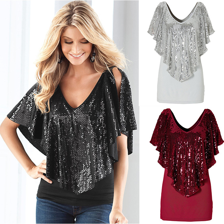 

Women Casual Loose Batwing Short Sleeve Rhinestone Deco T Shirt Blouse, Gray