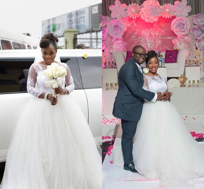 

2018 Fall Winter Ivory White Wedding Dresses Sheer Neck Long Sleeves Lace Appliques Tulle Bridal Gowns Vintage African Arabic Gown, Pink