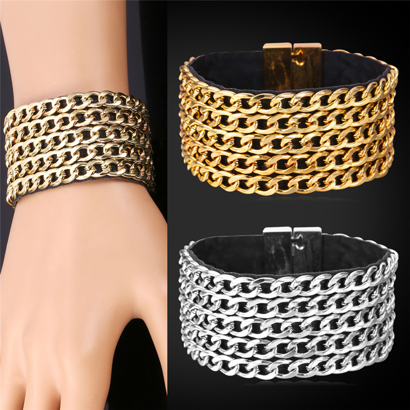 

Men's Platinum/Gold Plated Big Wide Genuine Leather Bracelet with Multilayer Cuban Link Chain Statement Bracelet