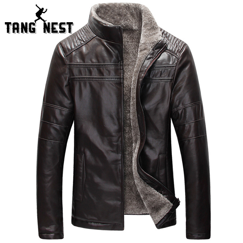 

Wholesale- TANGNEST Winter Warm 2017 New Design Fashion Fur Inside PU Leather Jacket Thick 4 Colors Men's Leather Jacket MWP359, Red brown
