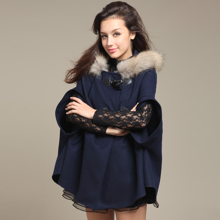 

Wholesale-2015 Winter New Fashion Woman Vintage Hooded Blue Cashmere Coat Cloak Real Fur Collar Woolen Jacket Coat Women Girls, Light tan